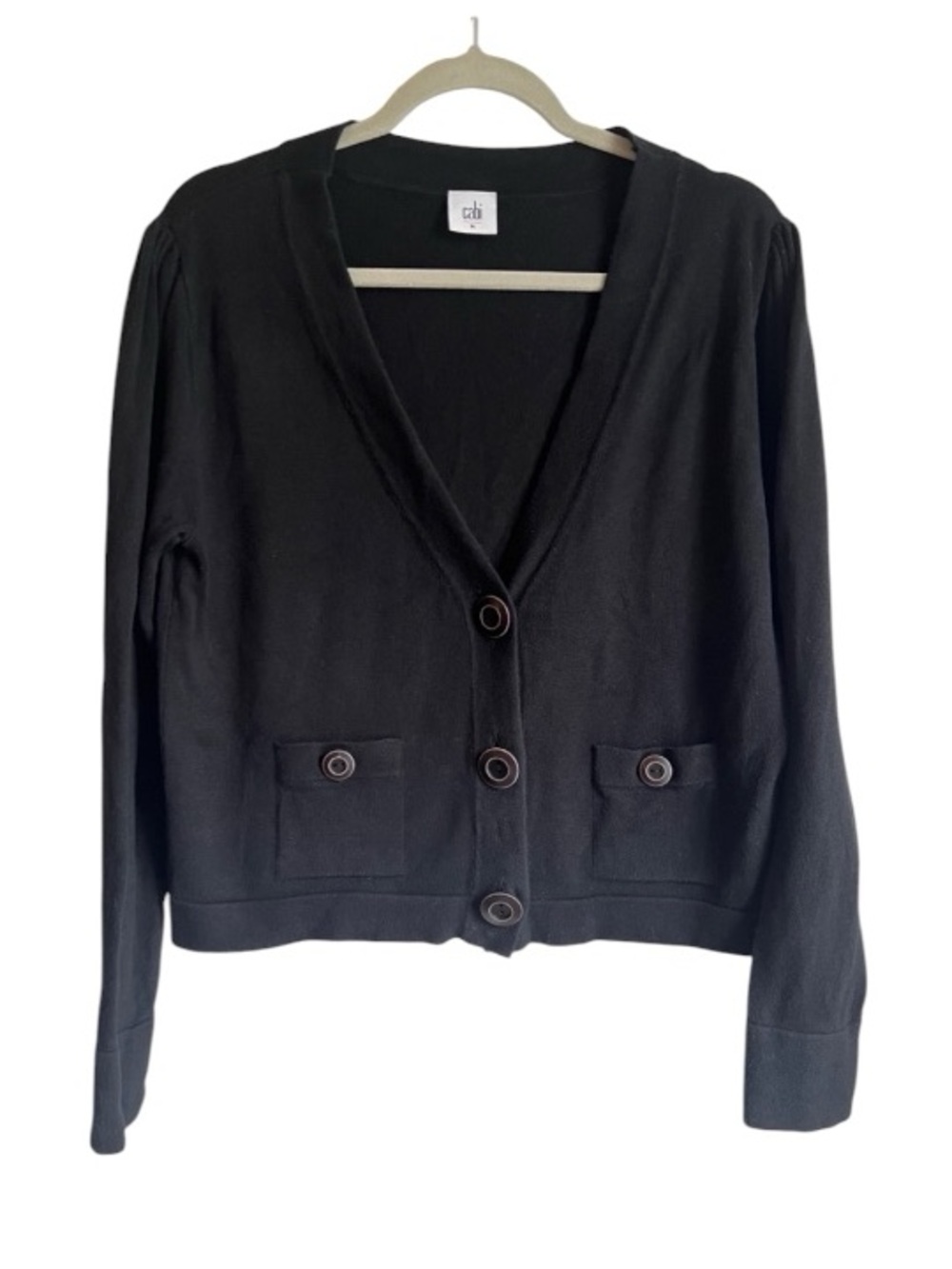 Cabi Black Button-Front Cardigan Sweater Size Medium Cotton Blend V-Neck